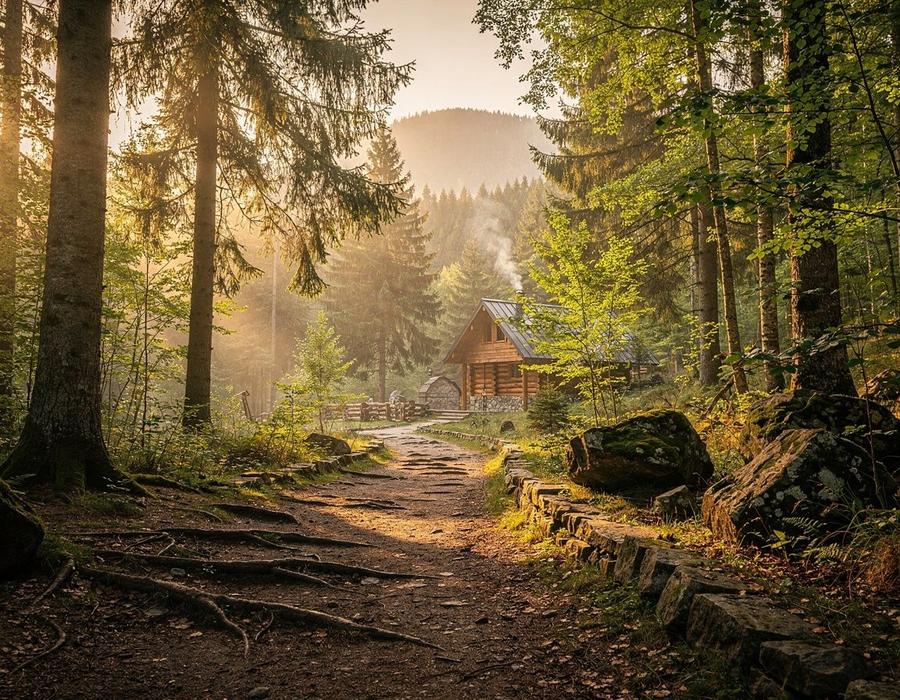 Carpathian morning light over forest trails