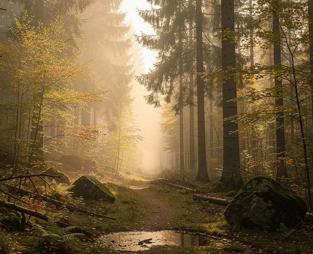 Misty Carpathian forest morning light