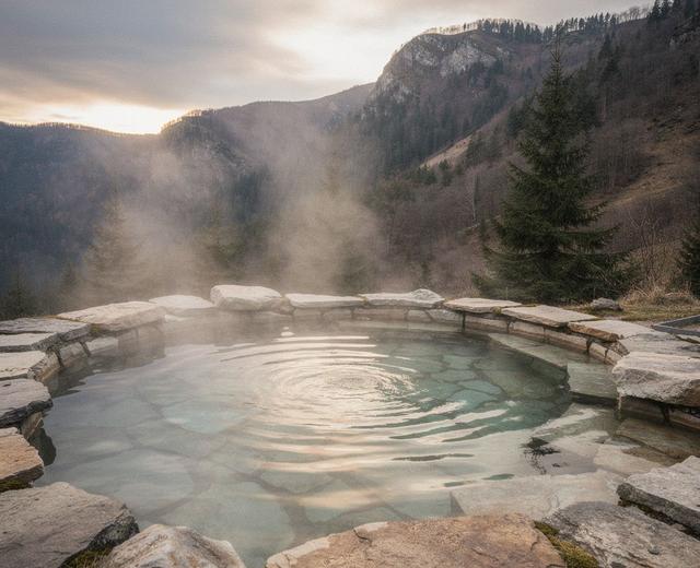 Warm stone hot spring pool in the Carpathians