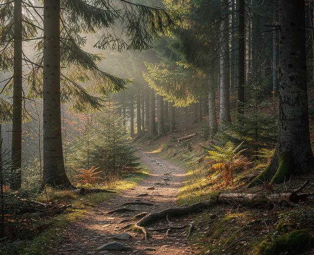 Soft morning light over a forest path