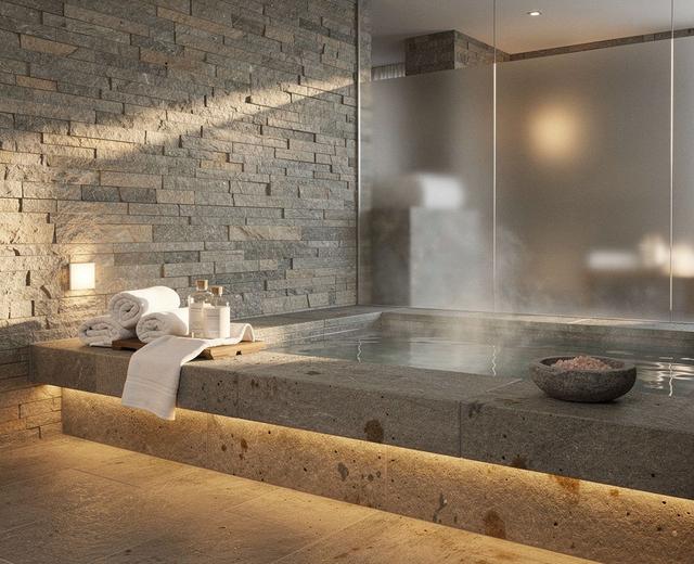 Spa steam and warm lighting for a calm wind-down