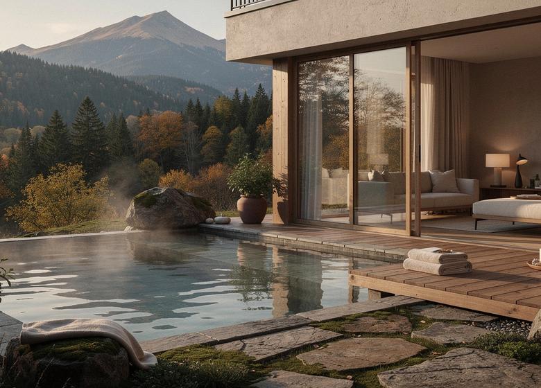 A tranquil Carpathian spa retreat setting in warm natural light